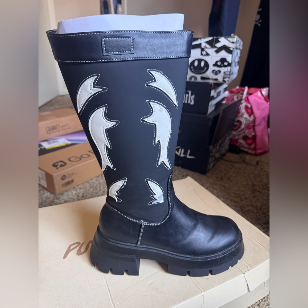 Fly Away Black Pu Round Toe Western Cowboy Knee High Boots